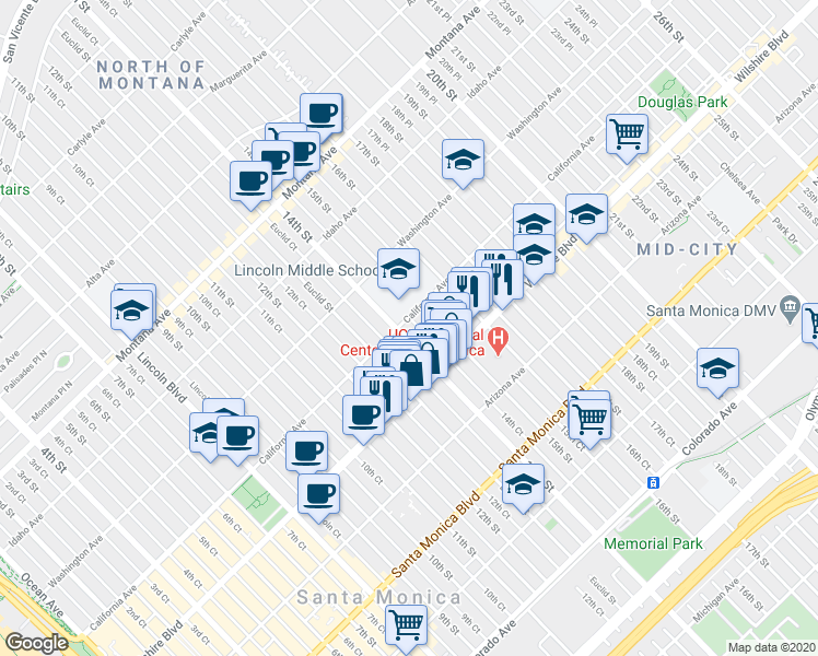 map of restaurants, bars, coffee shops, grocery stores, and more near 1131 14th Street in Santa Monica