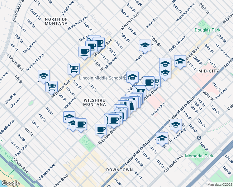 map of restaurants, bars, coffee shops, grocery stores, and more near 1037 12th Court in Santa Monica