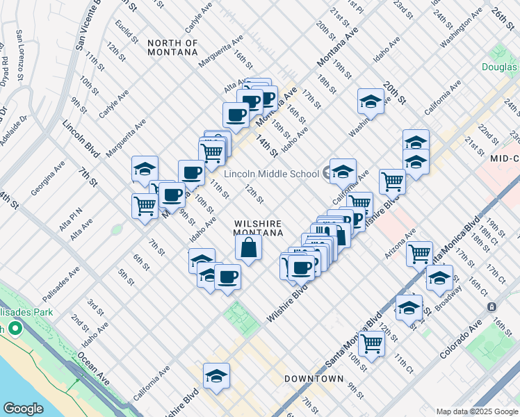 map of restaurants, bars, coffee shops, grocery stores, and more near 1122 Washington Avenue in Santa Monica