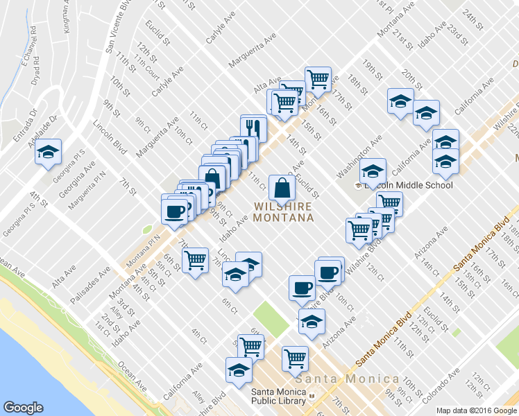 map of restaurants, bars, coffee shops, grocery stores, and more near in Santa Monica