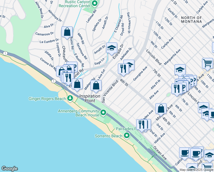 map of restaurants, bars, coffee shops, grocery stores, and more near 131 San Vicente Boulevard in Santa Monica