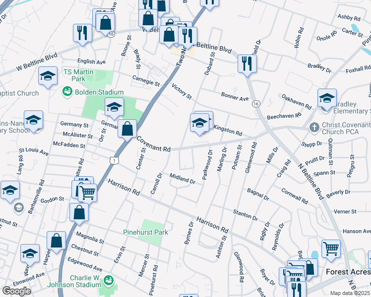 map of restaurants, bars, coffee shops, grocery stores, and more near 2519 Dubard Street in Columbia