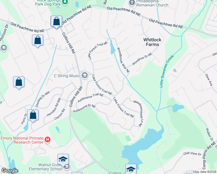 map of restaurants, bars, coffee shops, grocery stores, and more near 392 Ashbourne Trail Northeast in Lawrenceville