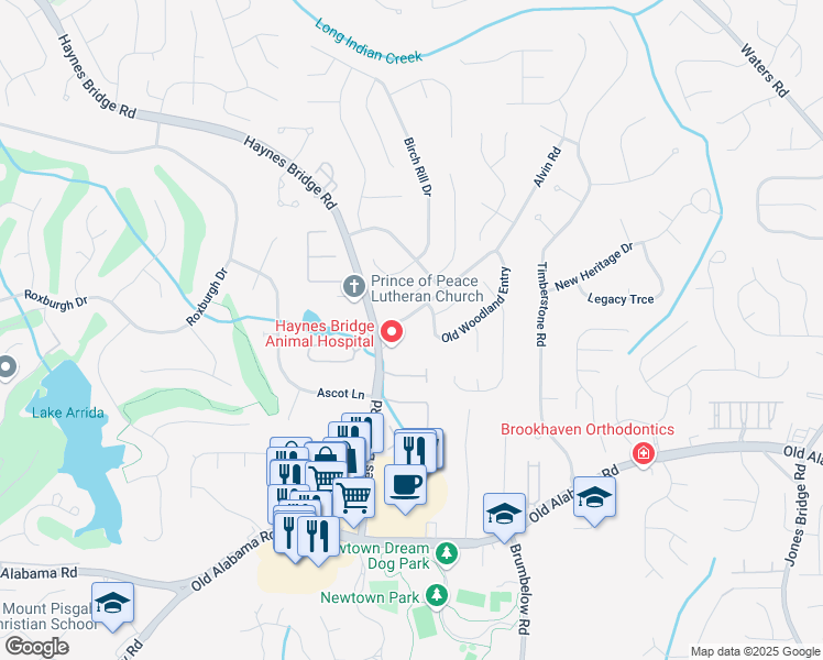 map of restaurants, bars, coffee shops, grocery stores, and more near 10215 Alvin Road in Alpharetta