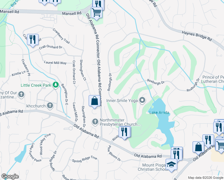 map of restaurants, bars, coffee shops, grocery stores, and more near 2390 Roxburgh Drive in Roswell
