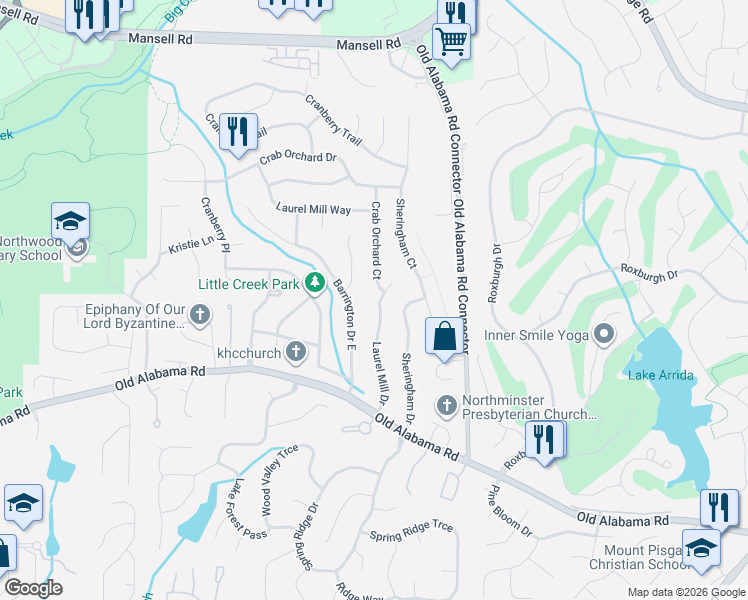 map of restaurants, bars, coffee shops, grocery stores, and more near 840 Laurel Mill Drive in Roswell
