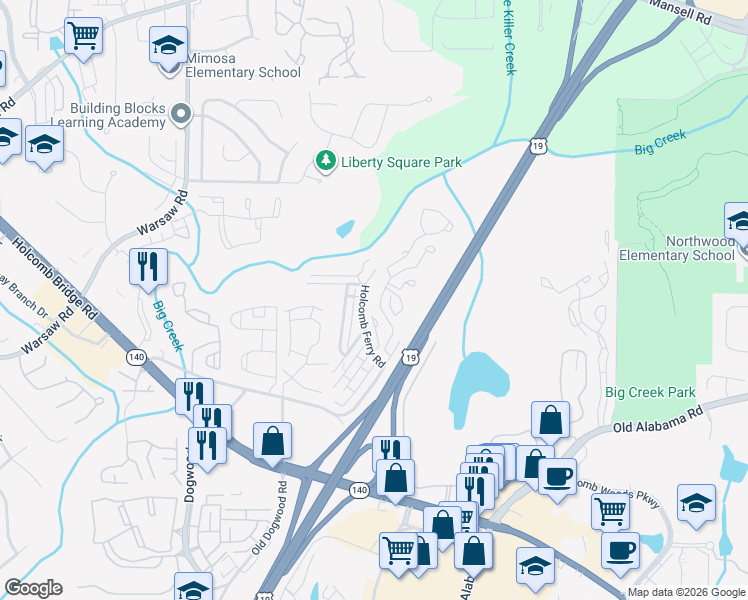 map of restaurants, bars, coffee shops, grocery stores, and more near 236 Chads Ford Way in Roswell