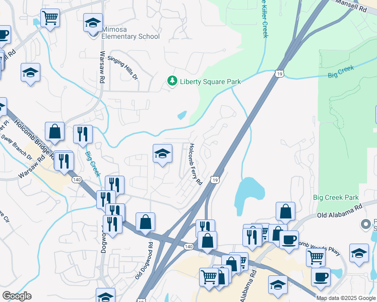 map of restaurants, bars, coffee shops, grocery stores, and more near 197 Holcomb Ferry Road in Roswell