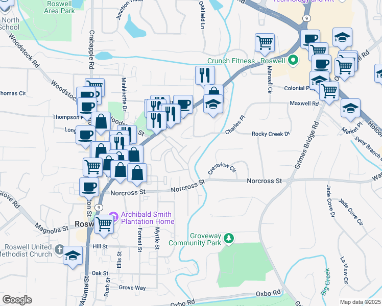 map of restaurants, bars, coffee shops, grocery stores, and more near 1755 Liberty Lane in Roswell