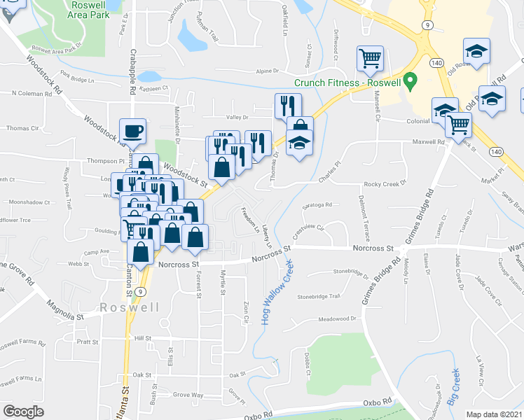 map of restaurants, bars, coffee shops, grocery stores, and more near 1015 Freedom Lane in Roswell