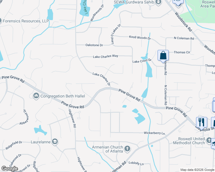 map of restaurants, bars, coffee shops, grocery stores, and more near 600 Pine Grove Road in Roswell