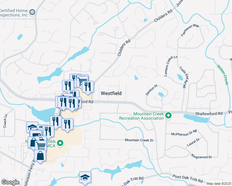 map of restaurants, bars, coffee shops, grocery stores, and more near 3177 Westfield Way in Roswell