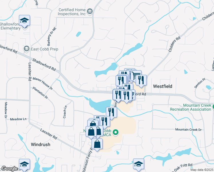 map of restaurants, bars, coffee shops, grocery stores, and more near 4343 Shallowford Road in Marietta
