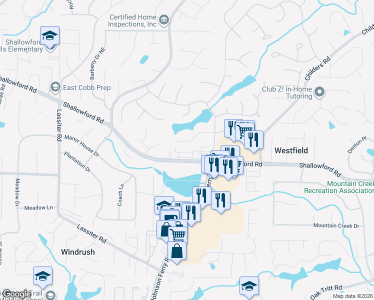 map of restaurants, bars, coffee shops, grocery stores, and more near 4345 Shallowford Road in Marietta