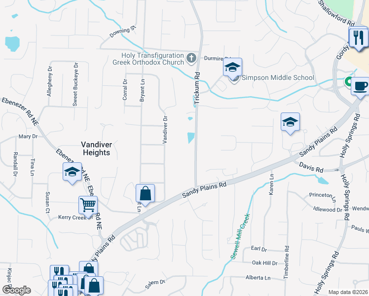 map of restaurants, bars, coffee shops, grocery stores, and more near 3155 Trickum Road in Marietta