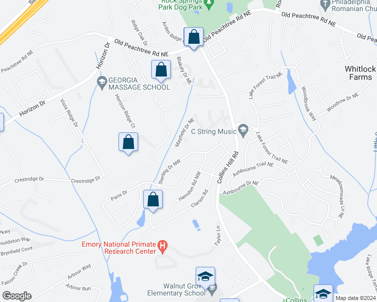 map of restaurants, bars, coffee shops, grocery stores, and more near 2814 Sterling Drive Northwest in Lawrenceville