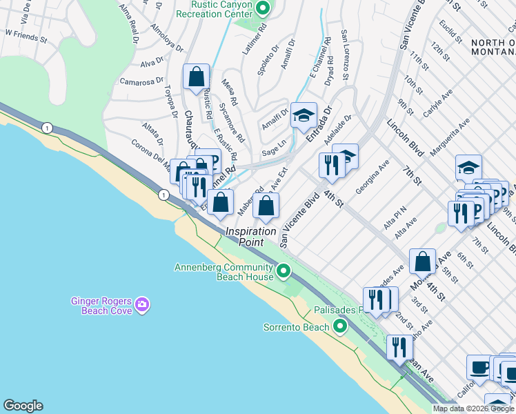 map of restaurants, bars, coffee shops, grocery stores, and more near 213 Ocean Avenue Extension in Santa Monica