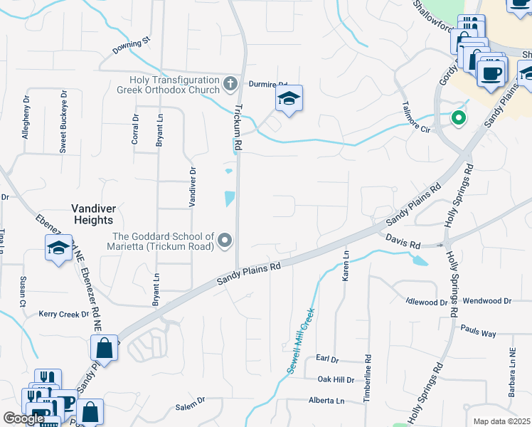 map of restaurants, bars, coffee shops, grocery stores, and more near 3150 Trickum Road in Marietta
