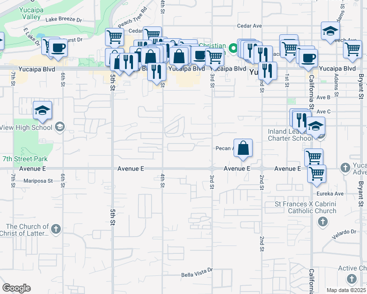 map of restaurants, bars, coffee shops, grocery stores, and more near 12367 4th Street in Yucaipa