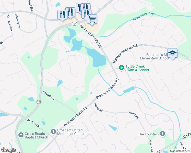map of restaurants, bars, coffee shops, grocery stores, and more near 1890 Turtle Creek Way in Lawrenceville