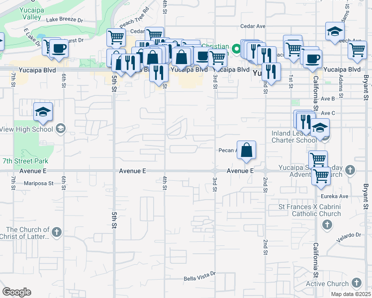 map of restaurants, bars, coffee shops, grocery stores, and more near 12367 4th Street in Yucaipa