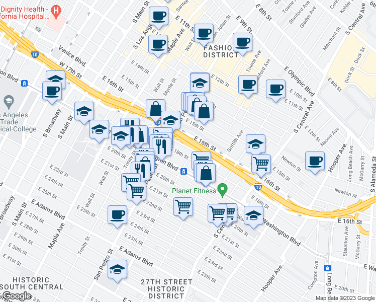 map of restaurants, bars, coffee shops, grocery stores, and more near 752 East 17th Street in Los Angeles
