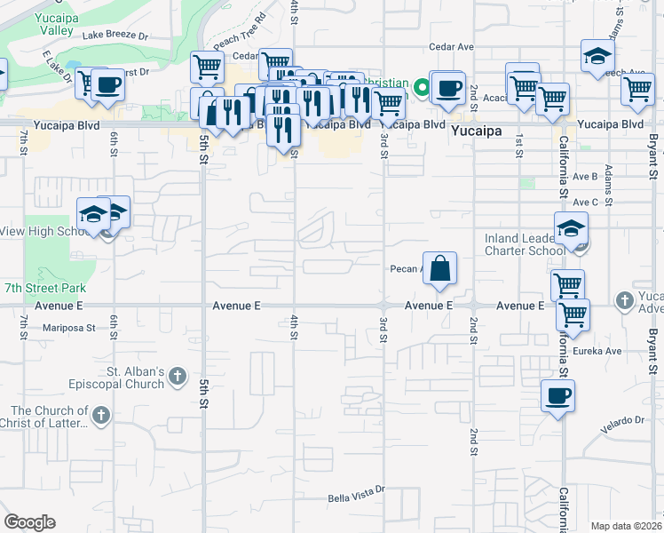 map of restaurants, bars, coffee shops, grocery stores, and more near in Yucaipa