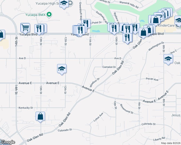 map of restaurants, bars, coffee shops, grocery stores, and more near 12390 Cambria Drive in Yucaipa