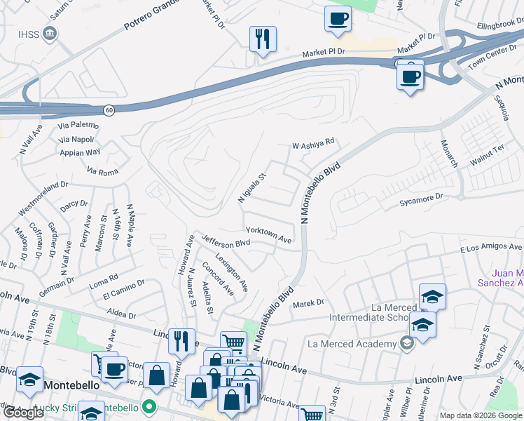 map of restaurants, bars, coffee shops, grocery stores, and more near 831 West Bunker Hill Avenue in Montebello