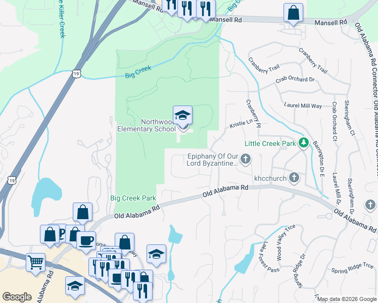 map of restaurants, bars, coffee shops, grocery stores, and more near 600 Tyson Court in Roswell