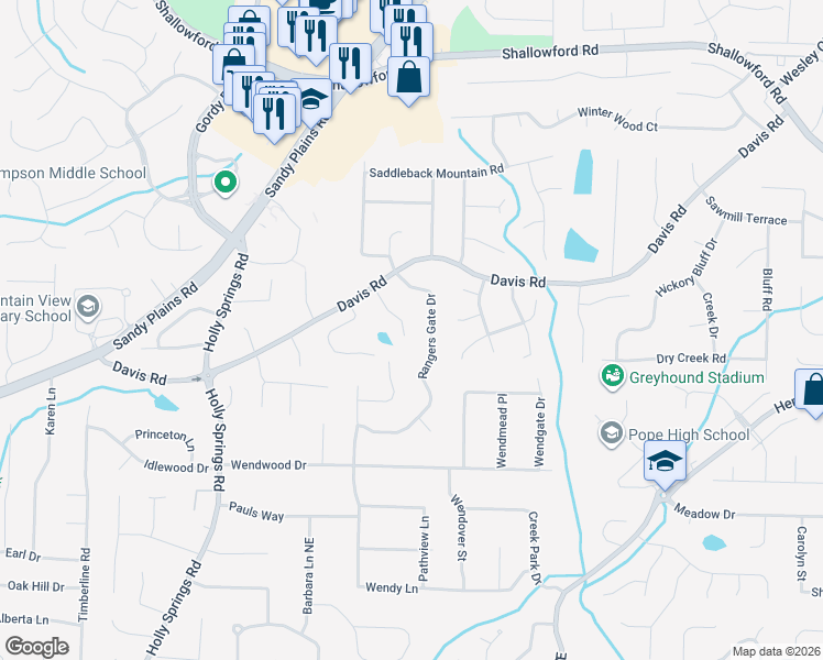 map of restaurants, bars, coffee shops, grocery stores, and more near 3079 Aberdeen Court in Marietta