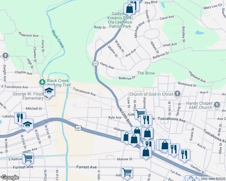 map of restaurants, bars, coffee shops, grocery stores, and more near 1313 Tuscaloosa Avenue in Gadsden