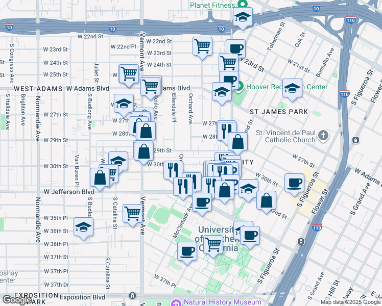 map of restaurants, bars, coffee shops, grocery stores, and more near 1115 West 30th Street in Los Angeles