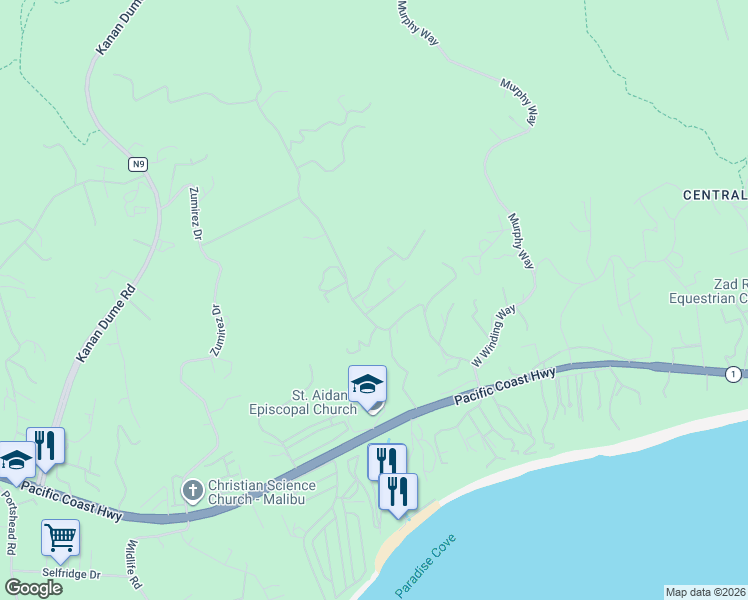 map of restaurants, bars, coffee shops, grocery stores, and more near 6158 Ramirez Canyon Road in Malibu