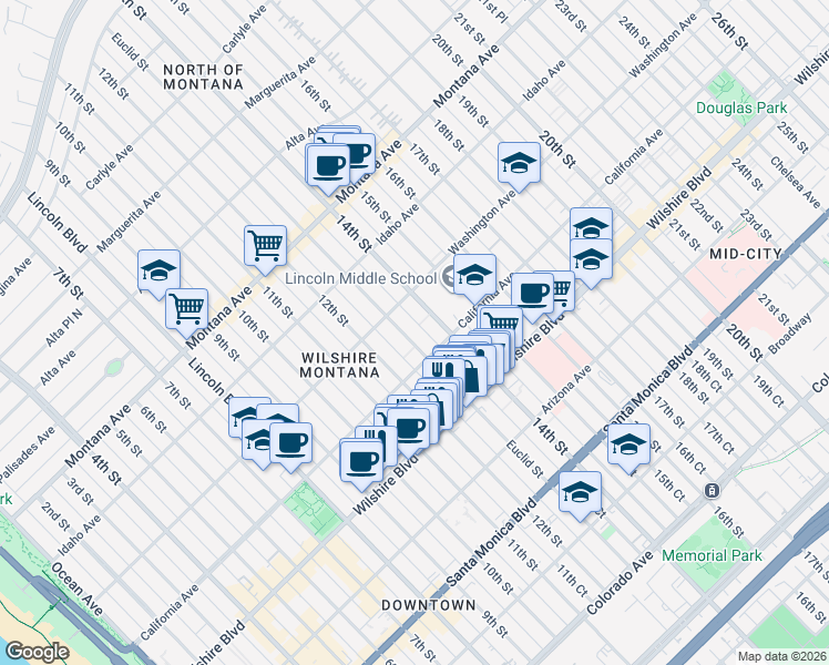 map of restaurants, bars, coffee shops, grocery stores, and more near 1037 12th Court in Santa Monica