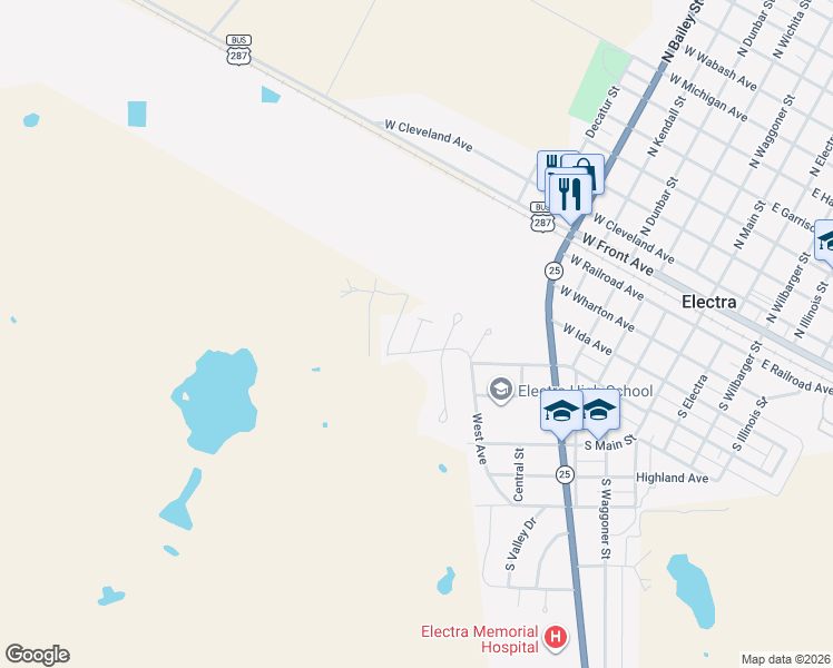 map of restaurants, bars, coffee shops, grocery stores, and more near 154 Prairie Circle in Electra