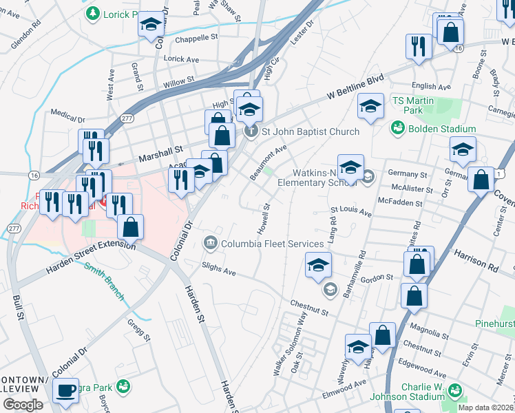 map of restaurants, bars, coffee shops, grocery stores, and more near 3032A Howell Street in Columbia