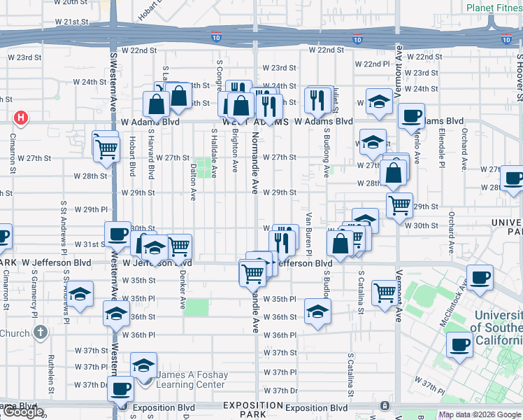 map of restaurants, bars, coffee shops, grocery stores, and more near 2959 Normandie Avenue in Los Angeles