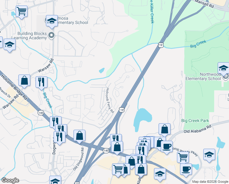 map of restaurants, bars, coffee shops, grocery stores, and more near 220 Chads Ford Way in Roswell