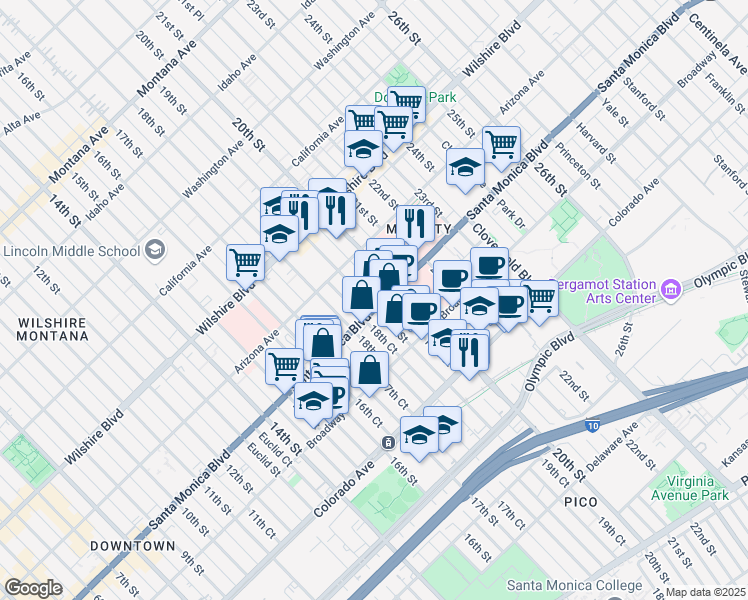 map of restaurants, bars, coffee shops, grocery stores, and more near 1417 19th Street in Santa Monica