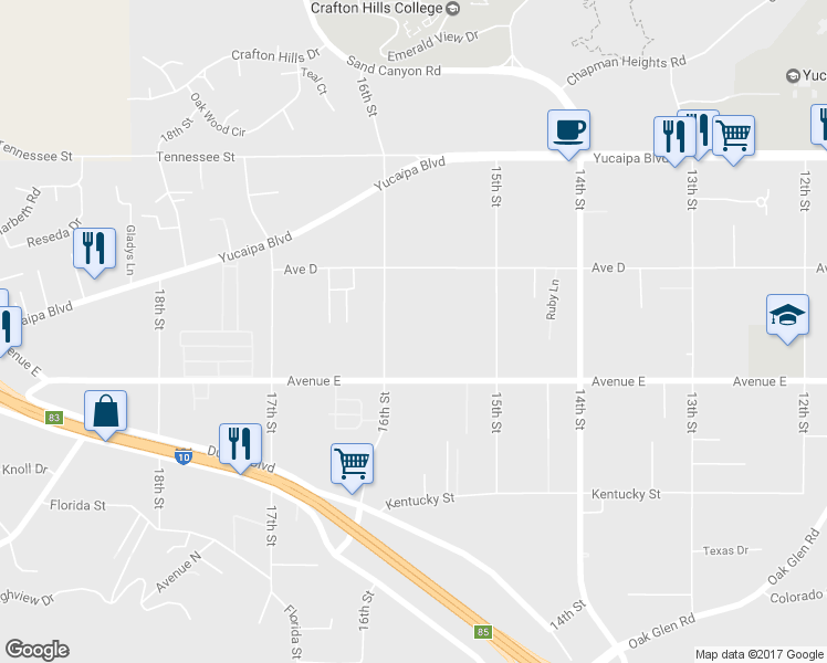 map of restaurants, bars, coffee shops, grocery stores, and more near 12415 16th Street in Yucaipa