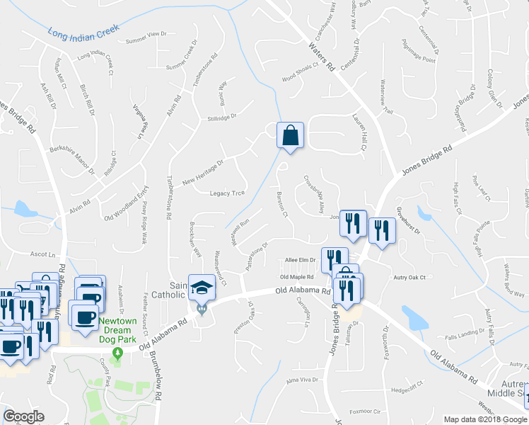 map of restaurants, bars, coffee shops, grocery stores, and more near 1075 Westwell Run in Alpharetta