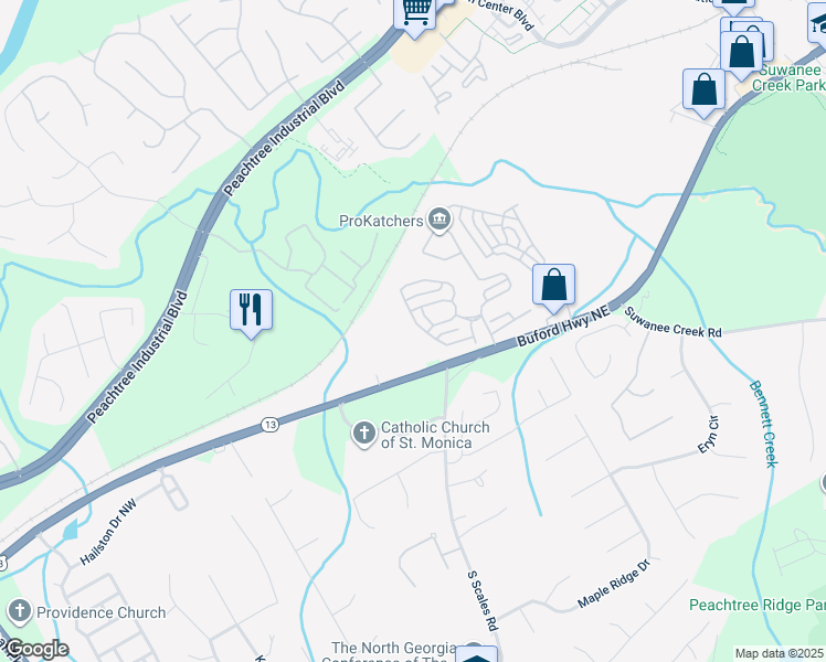 map of restaurants, bars, coffee shops, grocery stores, and more near 3923 Ridge Grove Way in Suwanee