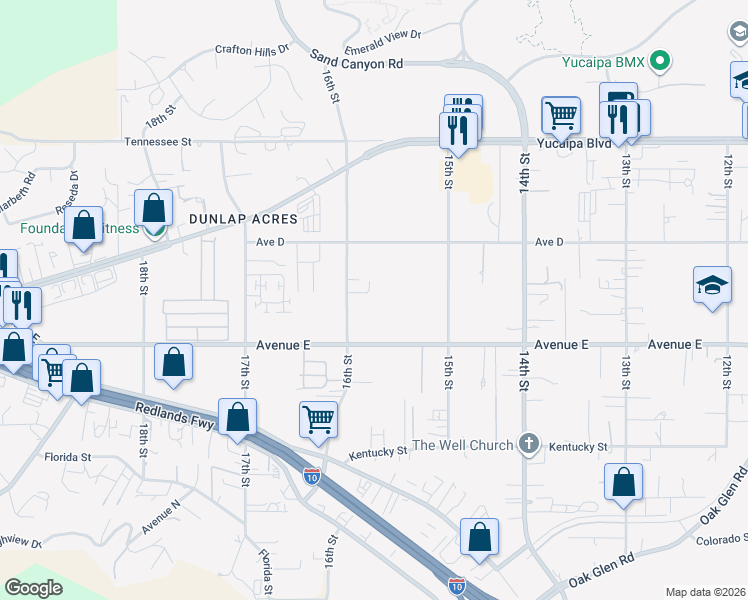 map of restaurants, bars, coffee shops, grocery stores, and more near 12415 16th Street in Yucaipa