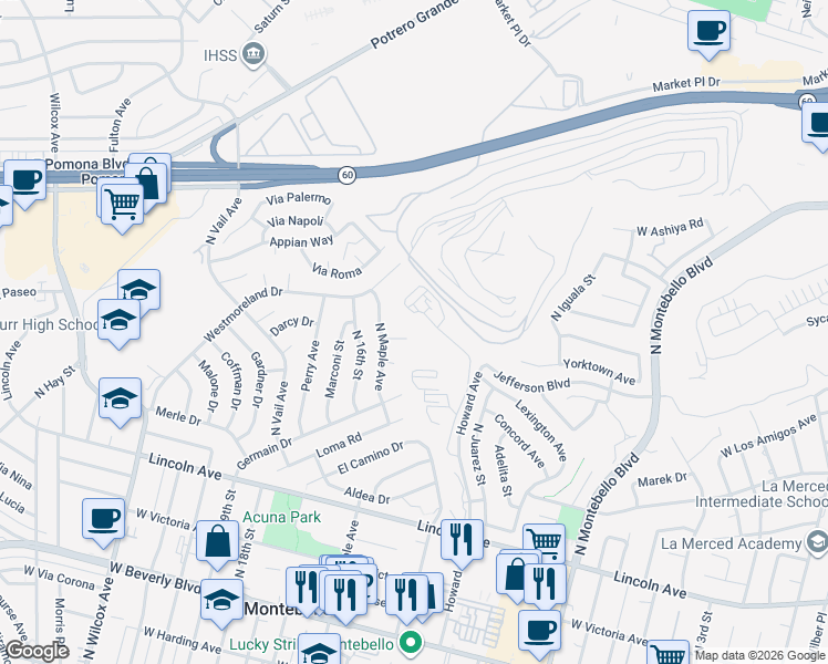 map of restaurants, bars, coffee shops, grocery stores, and more near 1400 Todd Place in Montebello