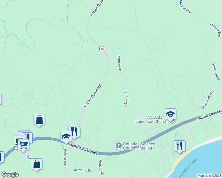 map of restaurants, bars, coffee shops, grocery stores, and more near 28802 Teal Terrace in Malibu