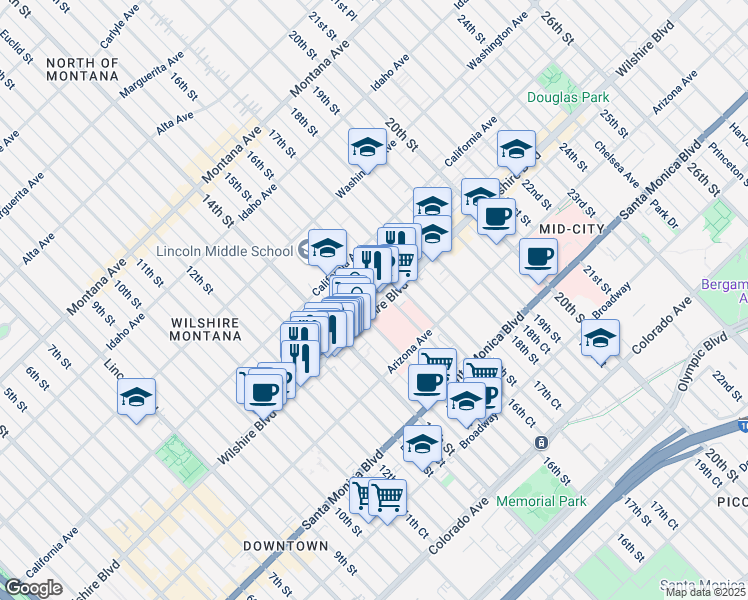 map of restaurants, bars, coffee shops, grocery stores, and more near 1433 Wilshire Boulevard in Santa Monica