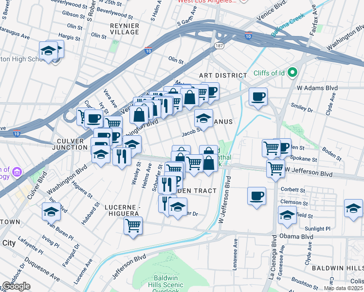map of restaurants, bars, coffee shops, grocery stores, and more near 3455 Cattaraugus Avenue in Culver City