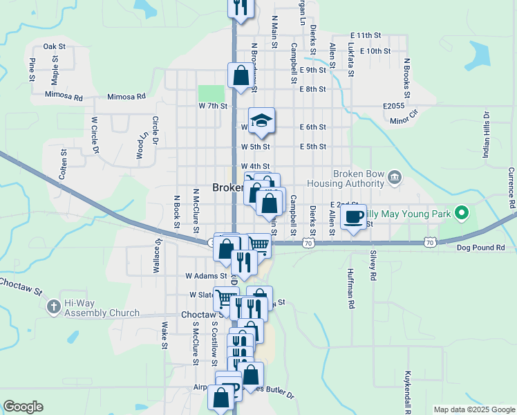 map of restaurants, bars, coffee shops, grocery stores, and more near 216 West 1st Street in Broken Bow