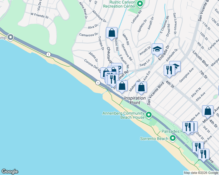 map of restaurants, bars, coffee shops, grocery stores, and more near 100 West Channel Road in Santa Monica